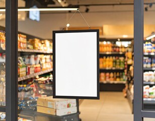 Storefront sign mockup with blank poster in a grocery store