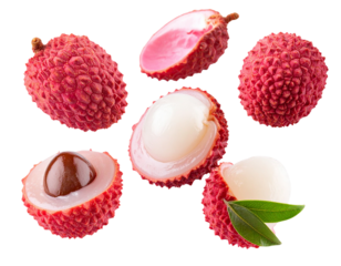 Fresh red lychee with green leaves and pink flesh, isolated on a white background