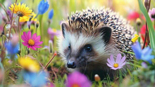 A charming hedgehog amidst vibrant flowers.