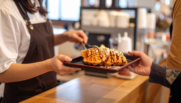 Freshly baked waffles served with chocolate sauce in a cozy café - Powered by Adobe