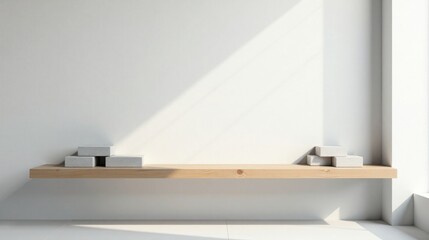 Simple Wooden Shelf with Light Grey Blocks Against a White Wall in a Bright Room