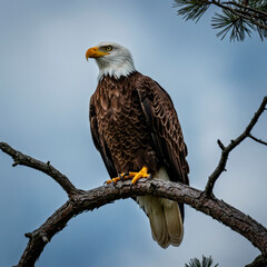 Majestic bald eagle perched on a pine tree branch against a clear blue sky. Symbol of freedom and national wildlife in USA.