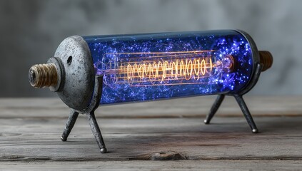 Futuristic, glowing cylinder lamp with binary code