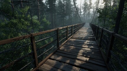 Fototapeta premium Wooden suspension bridge in forest scenery