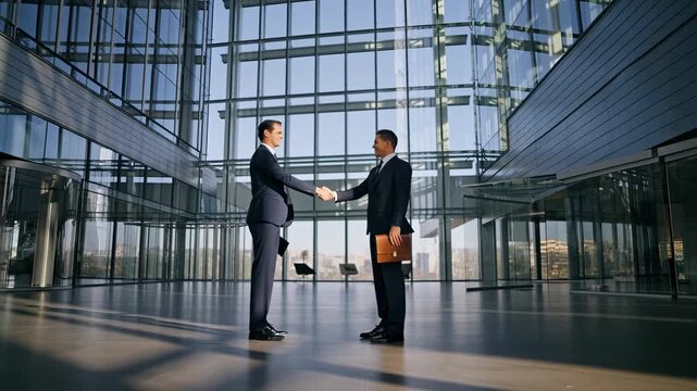 Two diverse businessmen shake hands modern glass building lobby closing a deal this corporate scene symbolizes success partnership agreement negotiation teamwork professional greeting meeting welcome