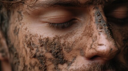 Fototapeta premium Man with closed eye covered in dirt, showing fatigue and hard work. Close up portrait of a dirty face representing labor.