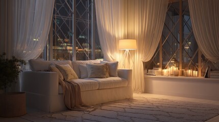 White cozy living room interior with a large sofa and floor lamp against a city night view. Modern relaxation