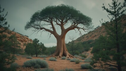 Obraz premium Large solitary tree in a desert landscape with hills and sparse vegetation, showcasing natural scenery and serenity.