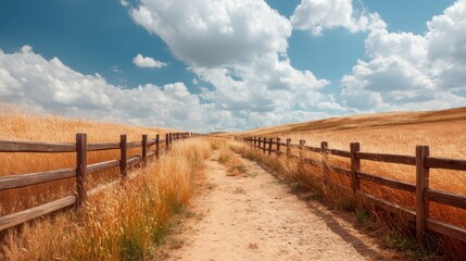 A country dirt road disappearing into the distance, lined by wooden fence and golden dry grass field. Rural landscape.