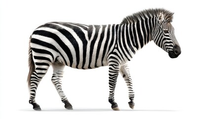 Fototapeta premium A zebra standing on a white background, showcasing its black and white stripes. Wild animal portrait for nature education and conservation concepts.