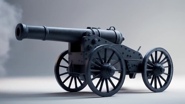 Antique Cannon Firing with Smoke on a Light Background, Historical Weaponry