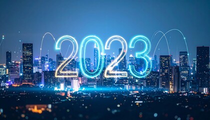 Futuristic cityscape with the year 2023