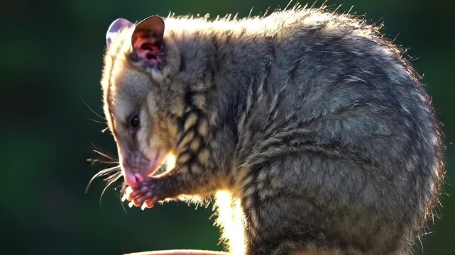 Adorable Backlit Brushtail Possum Grooming Its Paws in the Warm Golden Hour Sunlight
