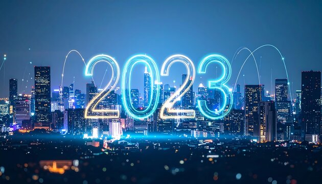 Futuristic cityscape with the year 2023