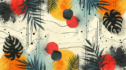 Abstract tropical pattern with leaves, circles, and paint splatter.