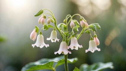 A blooming plant with pink and white bell-shaped flowers, lush green leaves, and a soft blurred background.