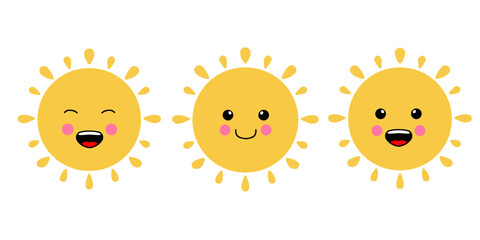 Cute happy sun cartoon faces. Hand drawn joyful cartoon style sun characters icon set