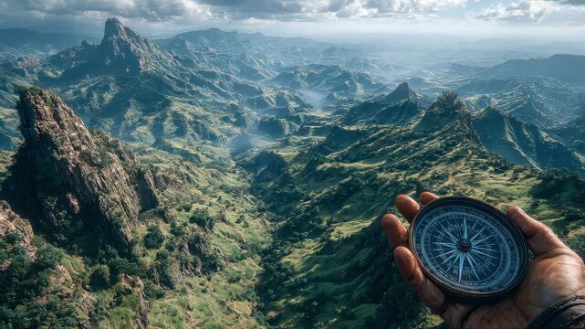 A dirty hand holds an ancient compass in front of a lush mountain valley path leading to hidden ruins