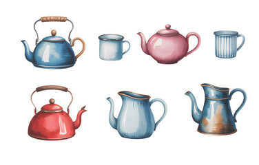 Watercolor illustration of assorted vintage teapots, kettles, mugs, and jugs in pastel tones, isolated on white background.
