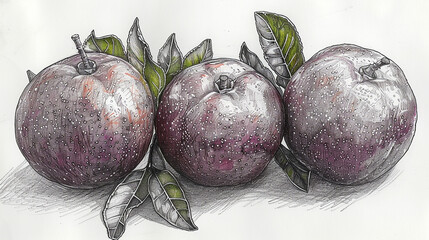 Three stylized purple apples with leaves, detailed sketch.