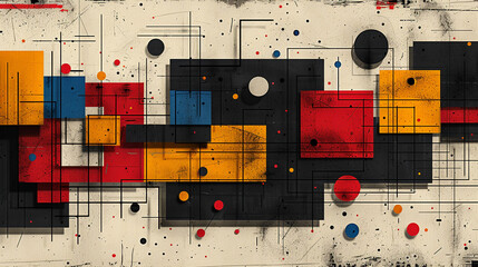 Abstract geometric shapes in vibrant colors and lines, forming a complex composition.