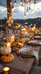 Elegant outdoor autumn dinner table setting with pumpkins, candles, vintage plates and warm lighting, creating a cozy and festive evening ambiance.