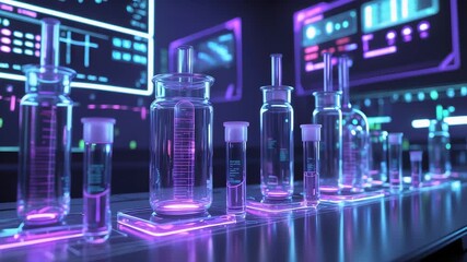 Glowing laboratory glassware with neon light reflections advanced research equipment in modern science facility with digital interface screens - Powered by Adobe