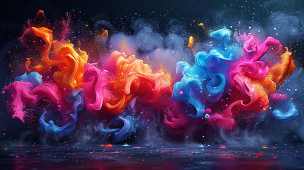 Vibrant, colorful paint splashes and smoke swirling in dynamic motion.