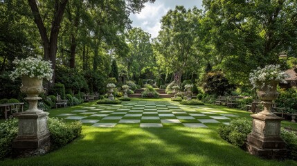 Checkerboard Lawn - Lush Garden with Stone Urns and Dense Greenery.