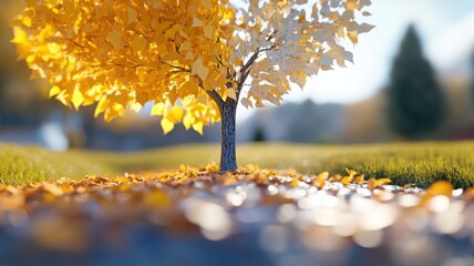 Solitary tree showcasing mid-season change with golden yellow and rich green leaves under a soft hazy sky