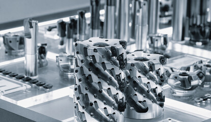 Industrial metalworking concept, milling cutter, metal cutter close up CNC cutters for metal....