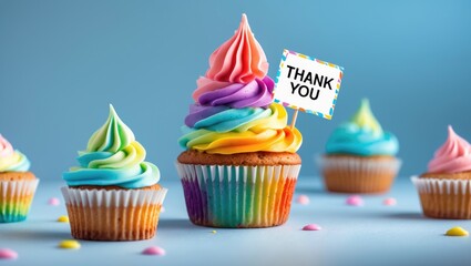 Colorful cupcakes with a "Thank You" sign, decorated with rainbow frosting and sprinkles on a blue background.