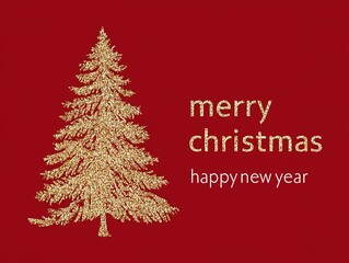 Fototapeta premium Red Background Gold Glitter Christmas Tree + Dual Festive Greetings Vector: Elegant Holiday Decor Design