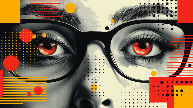 Close-up of a person's face with glasses, featuring vibrant abstract geometric shapes and bold colors, creating a modern and artistic portrait.