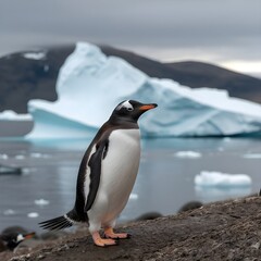 Fototapeta premium A gentoo penguin stands on a rocky shore with a large iceberg in the background