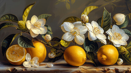 Still life of lemons and blossoms on a textured surface.
