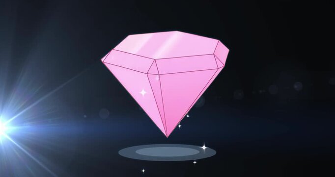 Pink gem materializing on pedestal while blue flare sweeping, sparkles drifting for gemstone demo