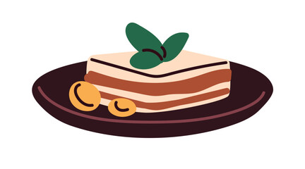 Dessert, sweet food, pastry piece served on plate. Layered cake with green mint leaf garnish, decoration. Gourmet patisserie treat in cafe. Flat vector illustration isolated on white background