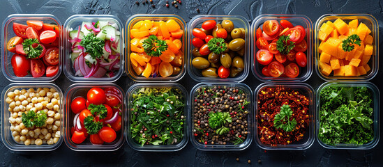 Assorted healthy meal prep containers with various fresh vegetables, legumes, and herbs.
