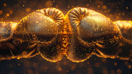 Two boxing gloves facing each other, glowing with golden light.