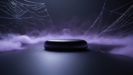 A dark surface with fog, illuminated by purple light, featuring spider webs in the background.