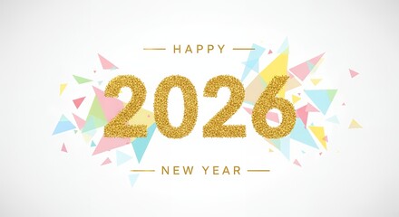 Large golden glitter numbers display Happy New Year 2026 surrounded by colorful geometric confetti and abstract shapes on a clean white background Celebration