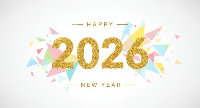 Large golden glitter numbers display Happy New Year 2026 surrounded by colorful geometric confetti and abstract shapes on a clean white background Celebration
