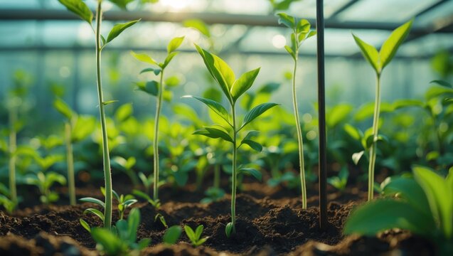 Young plant seedlings in soil, with fresh green leaves and growth, inside a greenhouse or nursery setting. Agricultural development and plant cultivation. The concept of plant growth and farming.