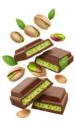 Milk chocolate bars filled with pistachio cream surrounded by whole and shelled pistachio nuts and green leaves, perfect for dessert and snack promotions
