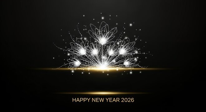 Glowing abstract floral fireworks on black background with text HAPPY NEW YEAR 2026 celebration abstract art light glowing effect festive graphic design