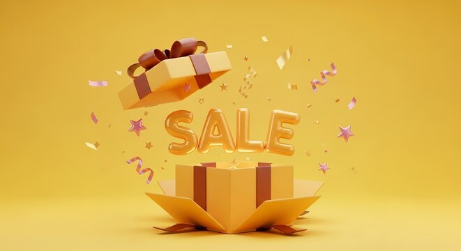 Open gift box with shiny golden SALE text stars and confetti exploding into a bright yellow background discount promotion offer present celebration shopping