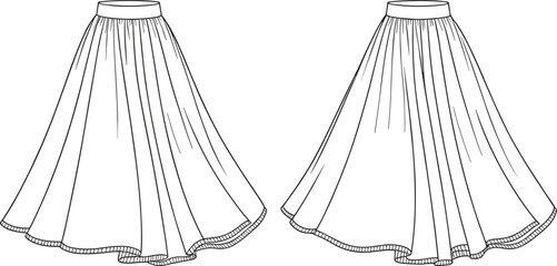Circle skirt technical fashion illustration, CAD drawing, flat vector template, pleated and flared silhouette, apparel design, garment sketch, sewing pattern