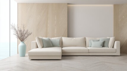 Fototapeta premium coastal living room full view, cream cotton modular sofa, smooth light wood wall insert, pale blue ceramic vase, light herringbone floor, soft diffused