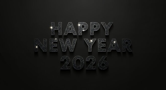 Textured metallic letters spelling Happy New Year 2026 with subtle sparkle effect on a dark grey background New Years Eve celebration party festive glitter